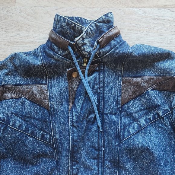 Vintage Eagle's Ridge Acid Denim Faux Leather Trim Bomber Jacket Quilt-Lining - Picture 8 of 12